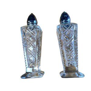 Vintage Glass Salt & Pepper Shakers With Geometric Design & Metal Tops 4” Tall